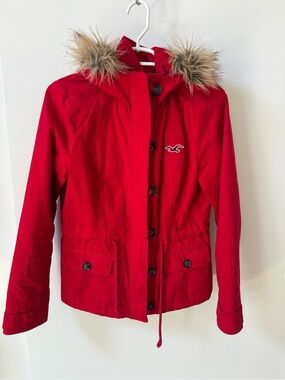 Vintage Y2K Hollister Red Utility Parka Jacket with Faux Fur Hood